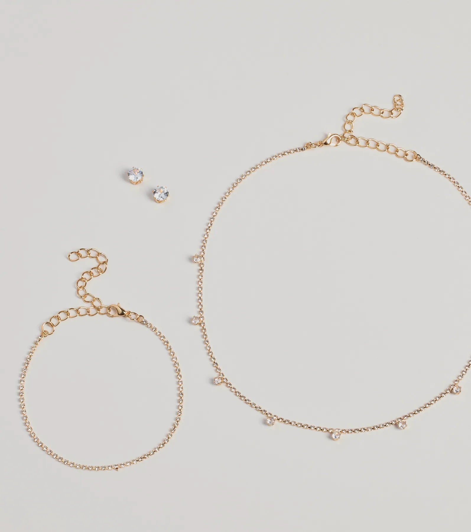 Delicate Glam Rhinestone Necklace, Bracelet, And Earrings Set