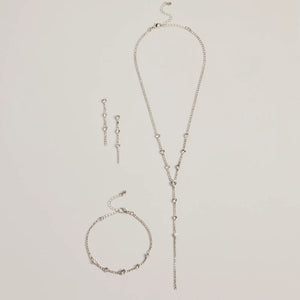 Glam Rhinestone Lariat Necklace, Bracelet, And Earrings Set