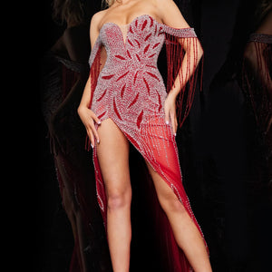 Beaded Sheer Fitted Off Shoulder Slit Gown by Jovani 07031