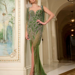 Beaded Sheer Fitted Off Shoulder Slit Gown by Jovani 07031