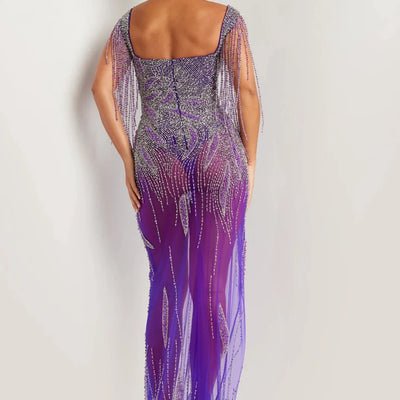 Beaded Sheer Fitted Off Shoulder Slit Gown by Jovani 07031