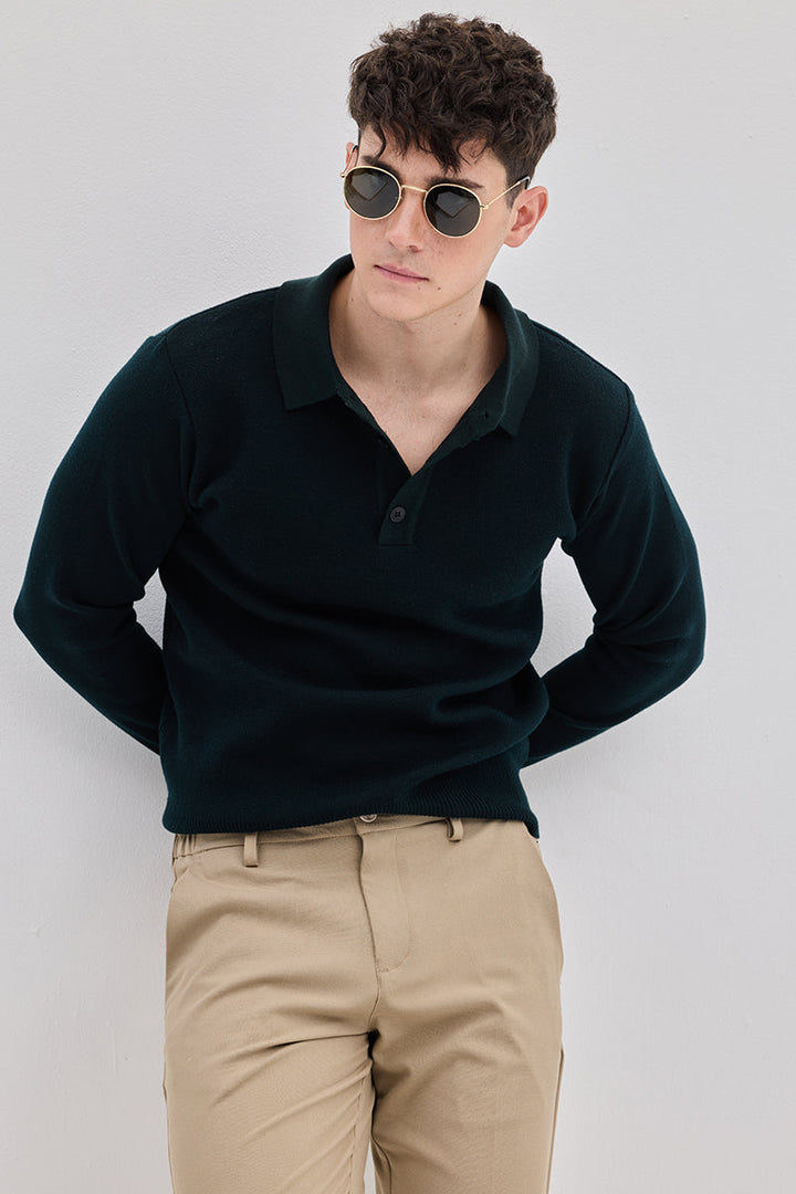 Dark Green Knitted Polo Sweater