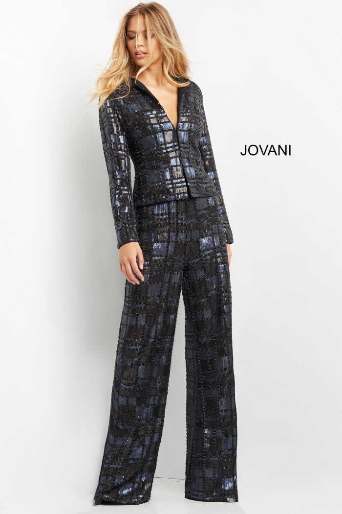 Jovani 07166 Long Beaded Formal Sequin Fit Pant Suit