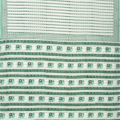 White Woven Jaipur Cotton Saree Printed With Green Stripes