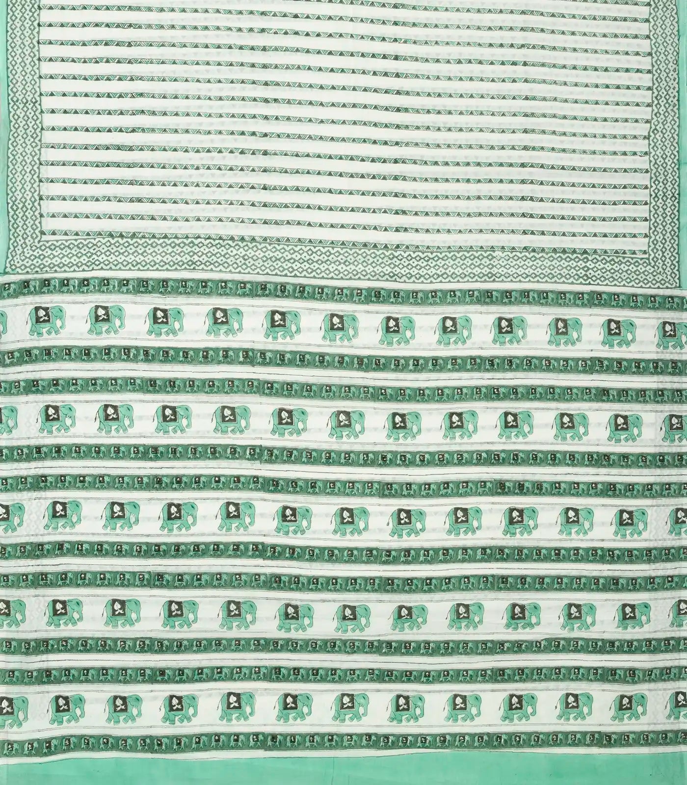 White Woven Jaipur Cotton Saree Printed With Green Stripes