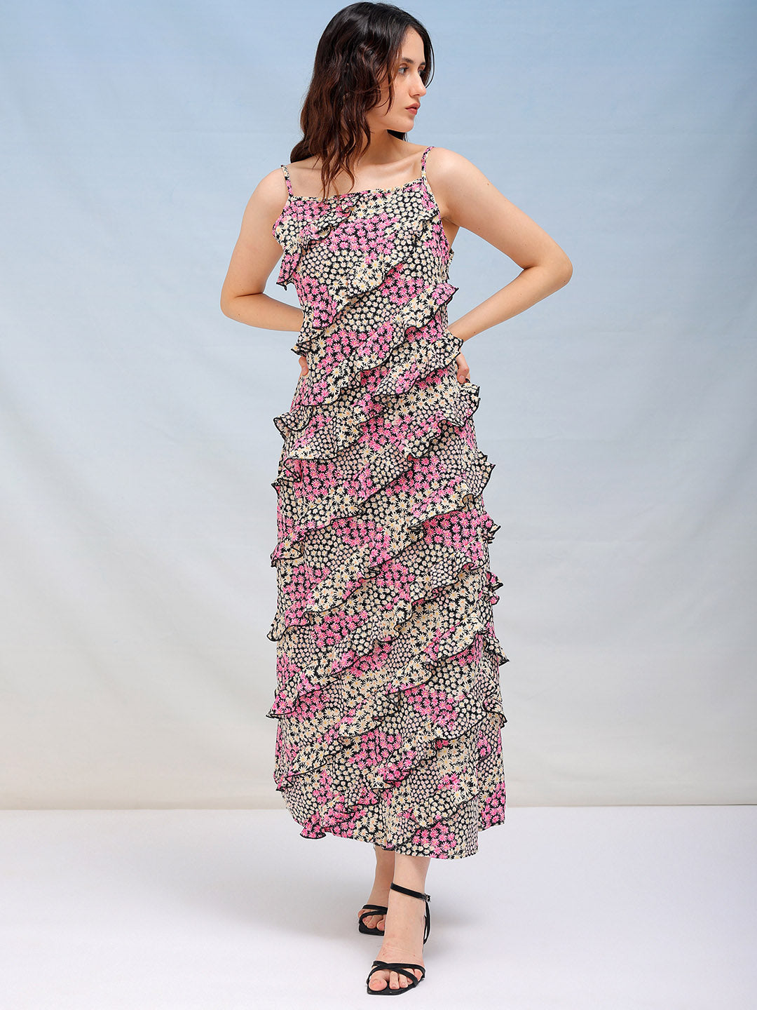 Women's Ditsy Printed Fit And Flare Maxi Dress