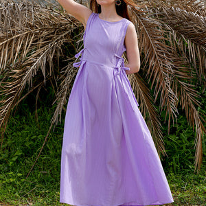 Women's Purple Flare Textured Round Neck Midi Dress