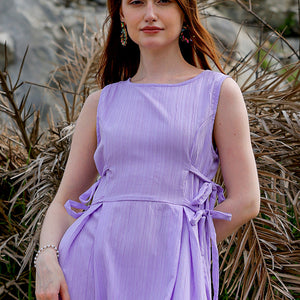 Women's Purple Flare Textured Round Neck Midi Dress