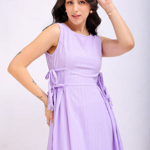 Women's Purple Flare Textured Round Neck Midi Dress