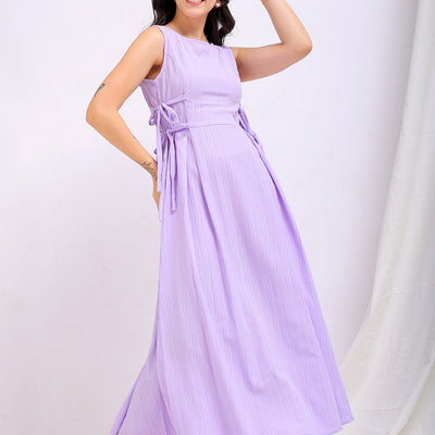 Women's Purple Flare Textured Round Neck Midi Dress