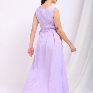 Women's Purple Flare Textured Round Neck Midi Dress