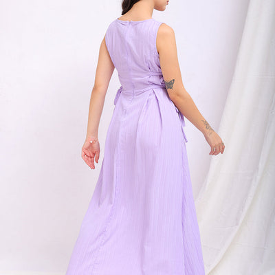 Women's Purple Flare Textured Round Neck Midi Dress