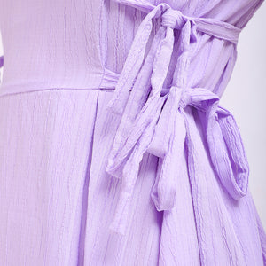 Women's Purple Flare Textured Round Neck Midi Dress