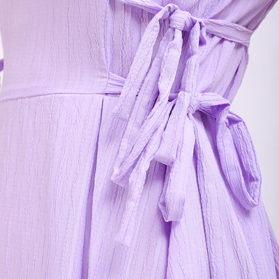 Women's Purple Flare Textured Round Neck Midi Dress