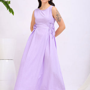 Women's Purple Flare Textured Round Neck Midi Dress