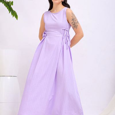 Women's Purple Flare Textured Round Neck Midi Dress