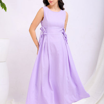 Women's Purple Flare Textured Round Neck Midi Dress