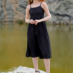 Women's Black Fit and Flare Solid Square Neck Pleated Dress