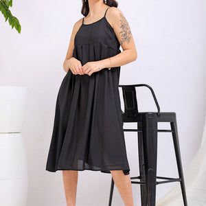 Women's Black Fit and Flare Solid Square Neck Pleated Dress