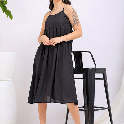 Women's Black Fit and Flare Solid Square Neck Pleated Dress