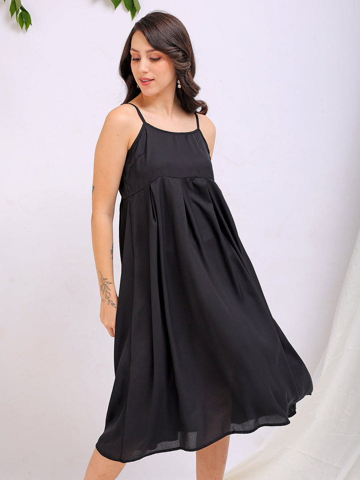 Women's Black Fit and Flare Solid Square Neck Pleated Dress