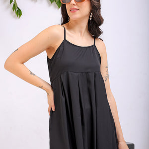 Women's Black Fit and Flare Solid Square Neck Pleated Dress