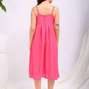 Women's Pink Fit and Flare Solid Square Neck Pleated Dress