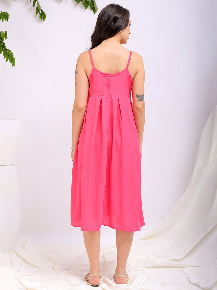 Women's Pink Fit and Flare Solid Square Neck Pleated Dress