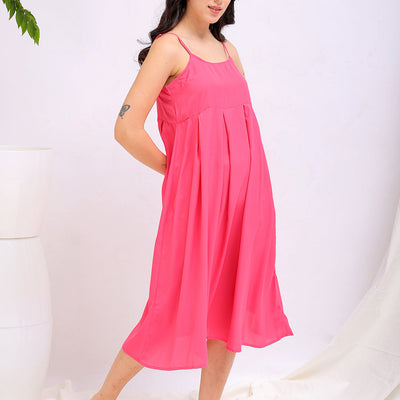 Women's Pink Fit and Flare Solid Square Neck Pleated Dress
