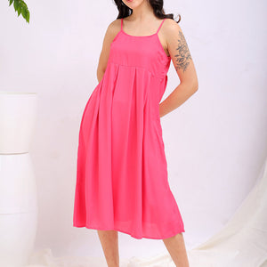 Women's Pink Fit and Flare Solid Square Neck Pleated Dress