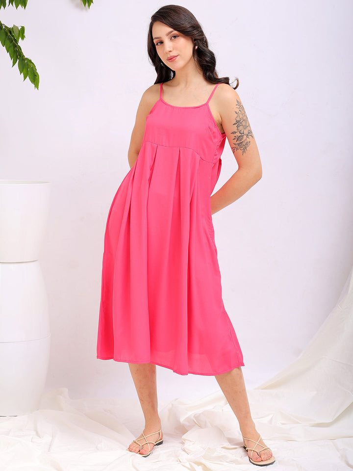 Women's Pink Fit and Flare Solid Square Neck Pleated Dress