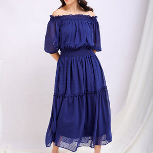 Women's Textured Fit and Flare Offshoulder Tiered Dress