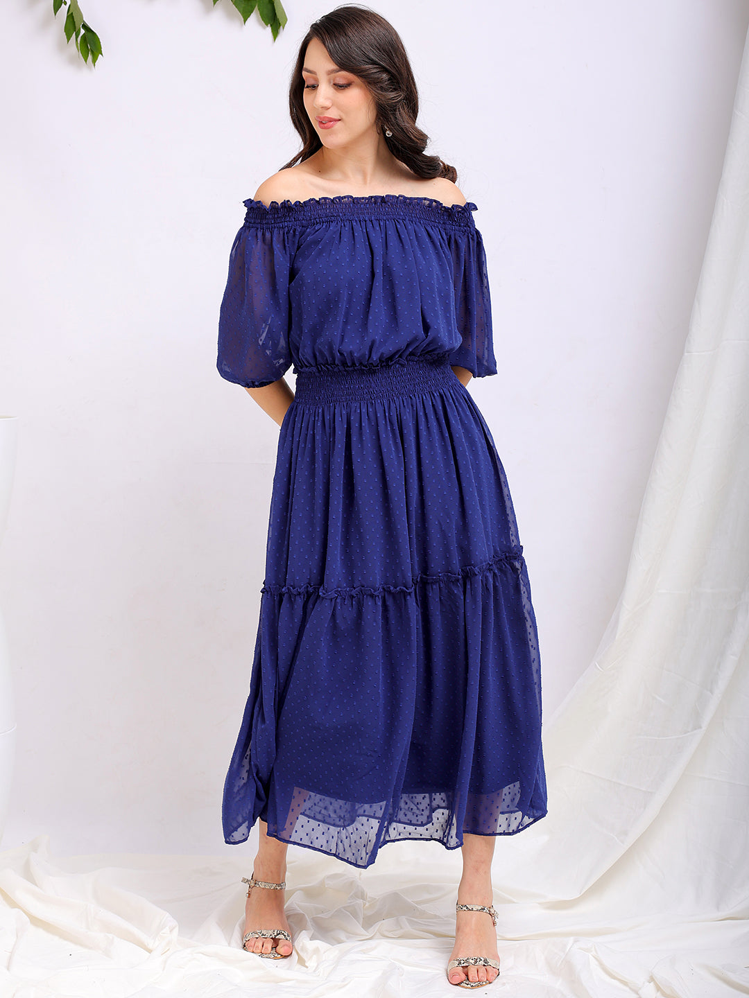 Women's Textured Fit and Flare Offshoulder Tiered Dress
