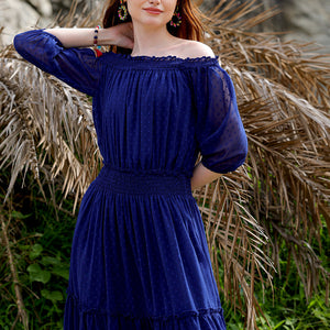 Women's Textured Fit and Flare Offshoulder Tiered Dress