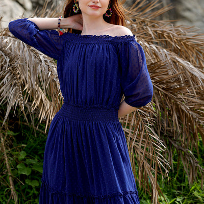 Women's Textured Fit and Flare Offshoulder Tiered Dress