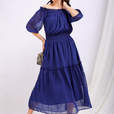 Women's Textured Fit and Flare Offshoulder Tiered Dress