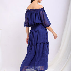 Women's Textured Fit and Flare Offshoulder Tiered Dress