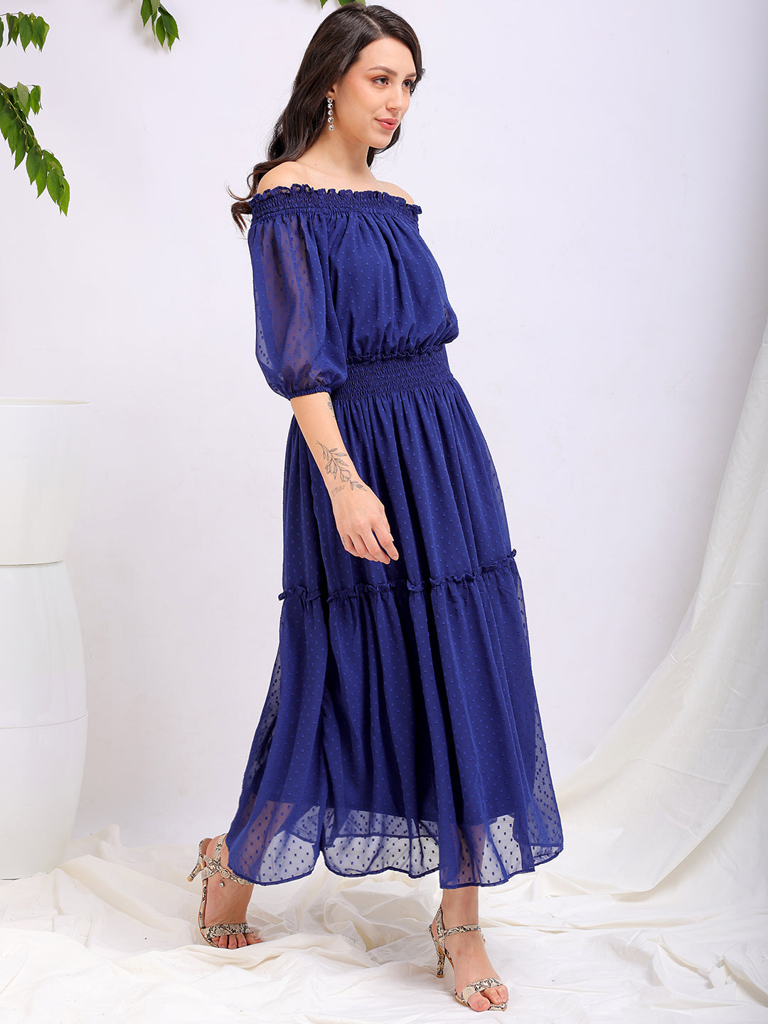 Women's Textured Fit and Flare Offshoulder Tiered Dress