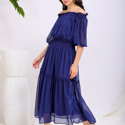 Women's Textured Fit and Flare Offshoulder Tiered Dress
