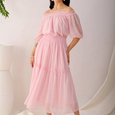 Women's Pink Fit and Flare Textured Off Shoulder Tiered Dress
