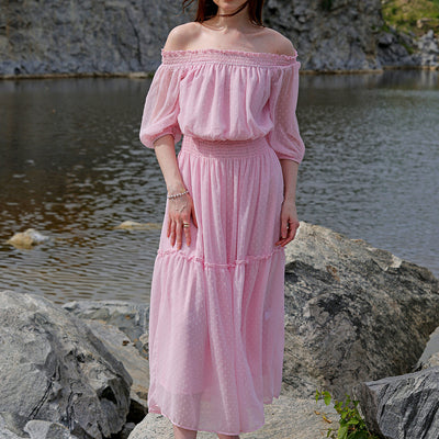 Women's Pink Fit and Flare Textured Off Shoulder Tiered Dress