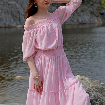 Women's Pink Fit and Flare Textured Off Shoulder Tiered Dress