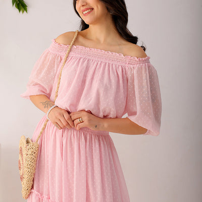 Women's Pink Fit and Flare Textured Off Shoulder Tiered Dress