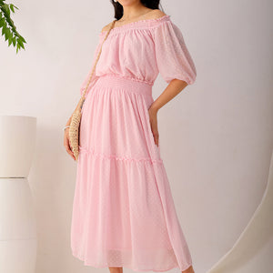 Women's Pink Fit and Flare Textured Off Shoulder Tiered Dress
