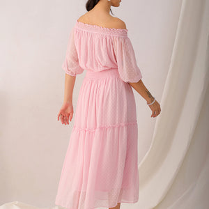 Women's Pink Fit and Flare Textured Off Shoulder Tiered Dress