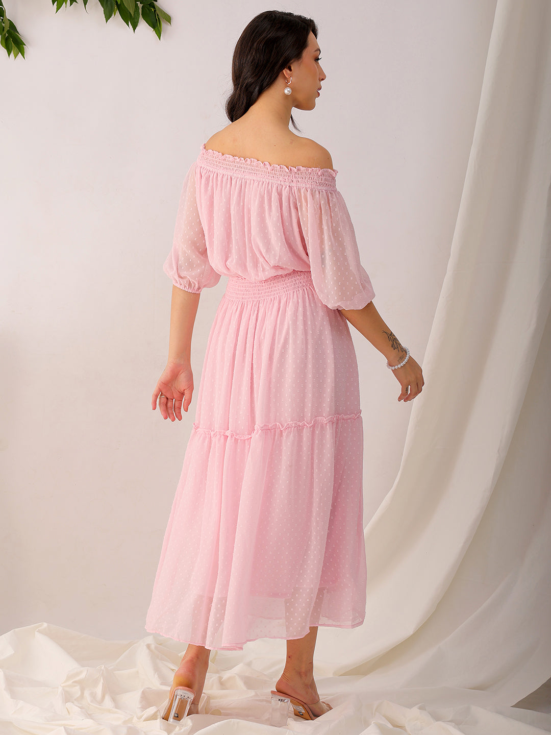Women's Pink Fit and Flare Textured Off Shoulder Tiered Dress