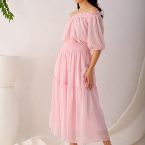 Women's Pink Fit and Flare Textured Off Shoulder Tiered Dress
