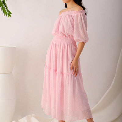 Women's Pink Fit and Flare Textured Off Shoulder Tiered Dress