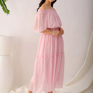 Women's Pink Fit and Flare Textured Off Shoulder Tiered Dress