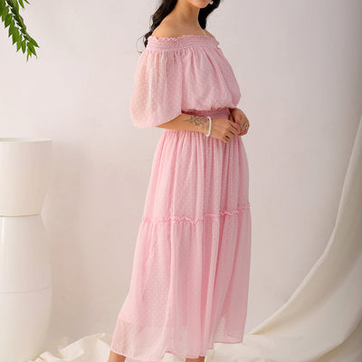 Women's Pink Fit and Flare Textured Off Shoulder Tiered Dress
